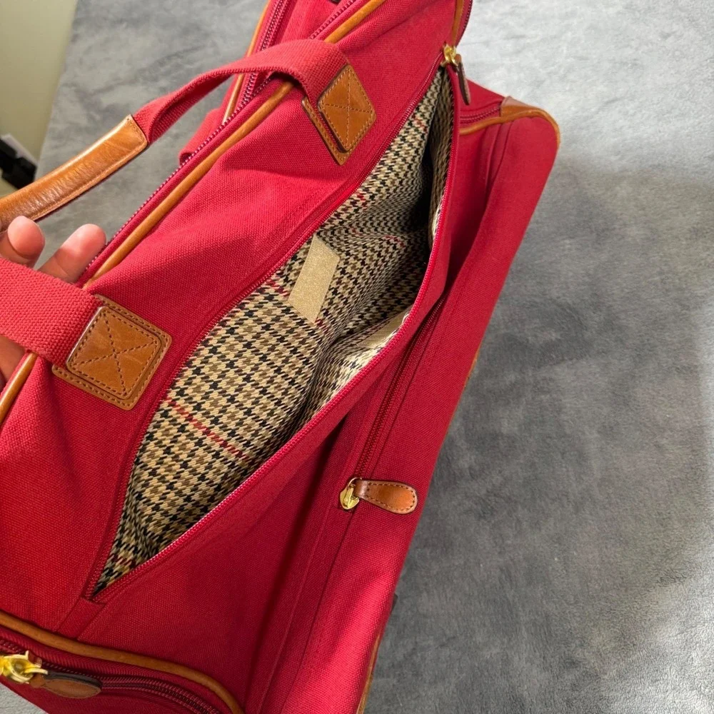 Lands End Red Canvas Duffle Bag Leather Trim Travel Carry On Weekender Luggage